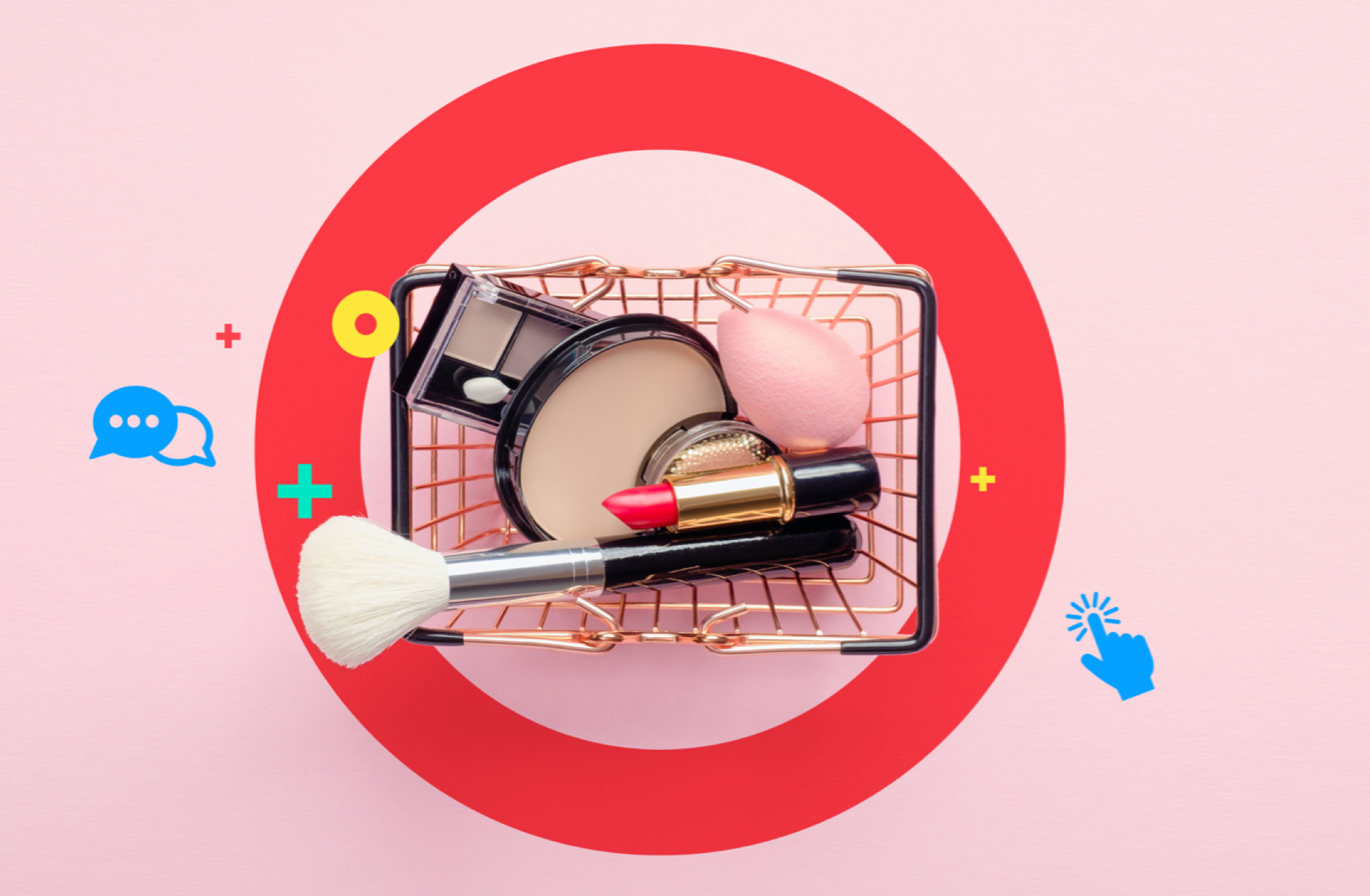 Basket of beauty items with icons indicating swipe, comment and add to cart.